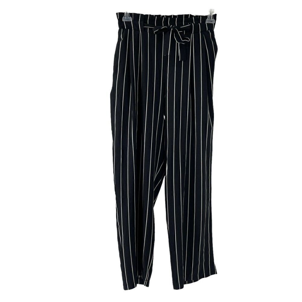 Black Striped High Rise Paper Bag Waist Wide Leg Pants Womens Size Medium Hyfve